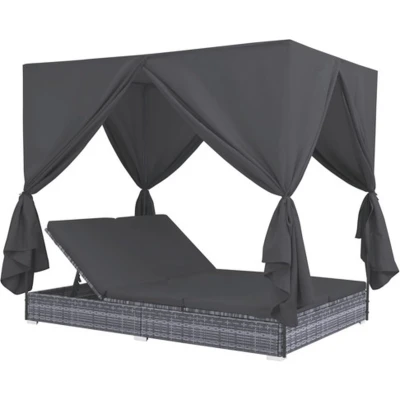 Afbeelding van Loungebed met gordijnen poly rattan grijs