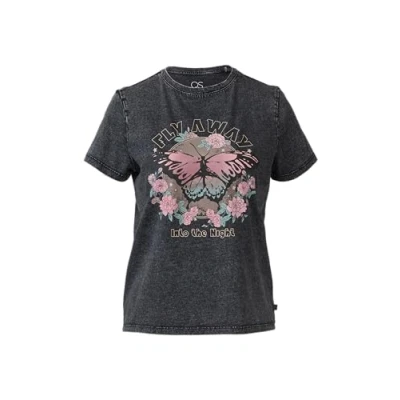 Afbeelding van QS MIT Front IN Gewaschener Optik Tshirt print, Dames, Maat: Large, Schwarz