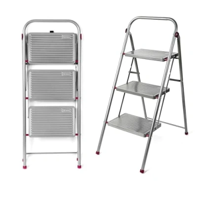 Afbeelding van Kleeneze KL068514EU 3 Step Folding DIY Stepladder, Non Slip Feet, Collapsible for Compact Storage, Ergonomic &amp; Lightweight Design, Strong Steel Structure, Safety Clip, 150kg Capacity, 105cm, Pink/Grey
