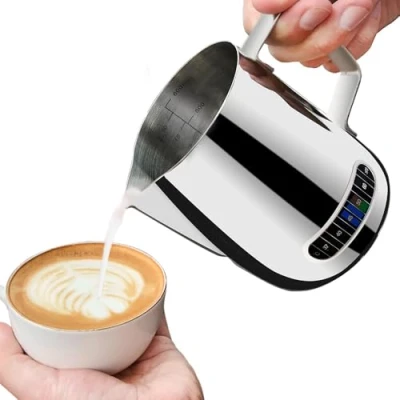Afbeelding van Melkkan opschuimen met thermometer 600ml, roestvrijstalen koffiekruik opschuimen, thuis keuken melkbeker (600 ML)