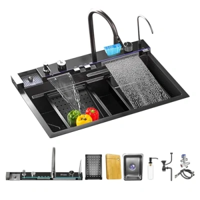 Afbeelding van aanrecht roestvrij staal zwart grijs met alles in een multifunctionele uittrekbare kraan waterval gootsteen enkele kom temperatuur digitaal werkstation (75 * 46 22 cm, grijs)