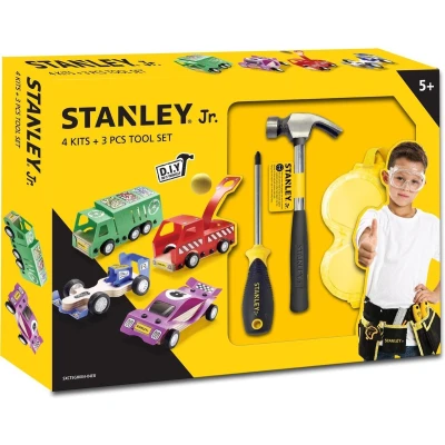 Afbeelding van Stanley Kindergereedschap en 4 Voertuigen Bouwpakket Hamer, Schroevendraaier Veiligheidsbril