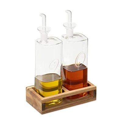 Afbeelding van Navaris Set van oliefles en azijnfles Twee navulbare flesjes met schenktuit Glazen flessen dispenser voor azijn olie In houten houder