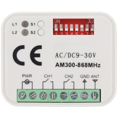 Afbeelding van Universele ontvanger compatibel met Tormatic 433,92 MHz afstandsbediening. 2 kanalen radioontvanger 433 868 MHz. Rolling/vaste code 12 24 VAC/DC