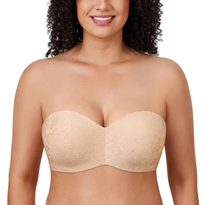 Afbeelding van DELIMIRA Dames Strapless Minimizer Bh Voor Grote Buste Beugel Niet gewatteerde Jacquard Beige 80C