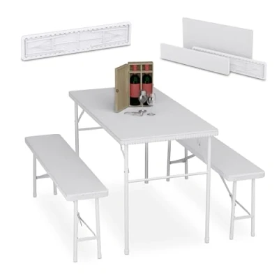 Afbeelding van Relaxdays biertafel set klaptafel 3 delige bierbank tuintafel kunststof staal wit
