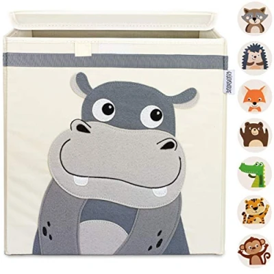Afbeelding van GLÜCKSWOLKE Opbergbox Kinderen 15 Motieven I Speelgoedkist met deksel Organisatordozen voor Kinderkamer Mand Unit (33x33x33) Kallax Plank Opbergkubussen Box Jungle Dieren Design Hippo