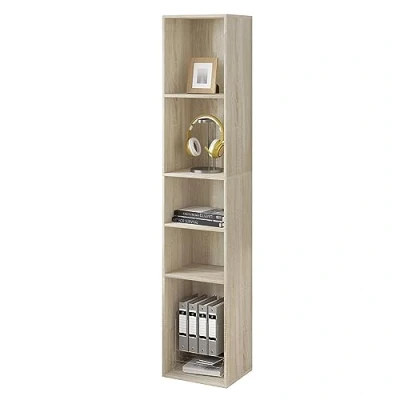 Afbeelding van WOLTU SK034hei Boekenkast, open rek met 5 kubussen, ruimteverdeler, staand rek, archiefkast, opbergrek, smal, in woonkamer kantoor, gemaakt van hout, licht eiken, 30 x 151 26 cm