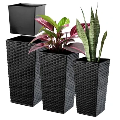 Afbeelding van KADAX Bloempotset, bloempot van kunststof, plantenbak, weerbestendige bloempot, voor binnen en buiten, (zwart rotan, set 3 stuks)