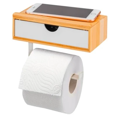 Afbeelding van eluno Toiletpapierhouder, 3 in 1 functie, doos voor vochtige doekjes, plank, bamboe/metaal (wit)