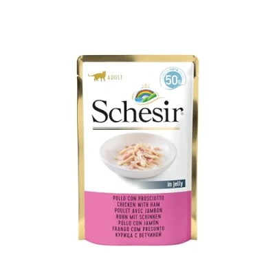 Afbeelding van 30x Schesir Kattenvoer Kip Ham in Gelei 50 gr