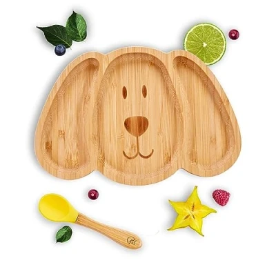 Afbeelding van Kleiner Fuchs Hoogwaardig bamboe bord met zuignap, antislip zuignap bijpassende babylepel, maakt maaltijden plezier, serviesset geschenkdoos leren eten hond design