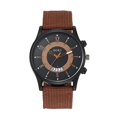 Afbeelding van JewelryWe Horloge heren datum kalender analoog kwarts sporthorloge herenhorloge met nylon textiel armband, 3, bruin, Riemen.