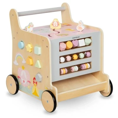 Afbeelding van Mamabrum houten loopwagen voor kinderen, 2in1 duwer, motorkubus, speelgoed vroeg onderwijs: loopauto, sorteerder, doolhof, telraam, blokken met cijfers, schuifregelaar, antislipwielen