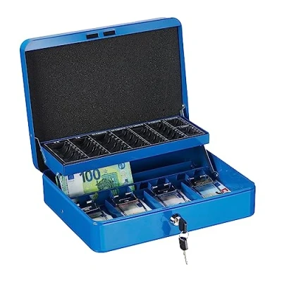 Afbeelding van geldkistje met slot sleutel ijzer 8,5 x 30,5 24,5 cm geldkluis blauw