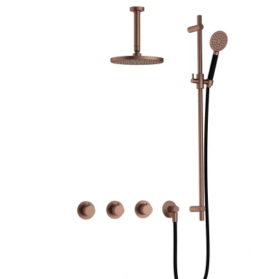 Afbeelding van Hotbath Cobber Regendoucheset IBS70 Geborsteld Koper PVD Ronde handdouche 20cm Hoofddouche 15cm Plafondbuis Handouche met glijstang