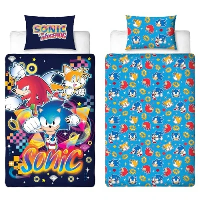 Afbeelding van Officieel gelicenseerd Sonic the Hedgehog Design Gaming eenpersoons dekbedovertrekset omkeerbaar 2 zijdig beddengoed met staarten en knokkels inclusief bijpassende kussensloop Perfect voor
