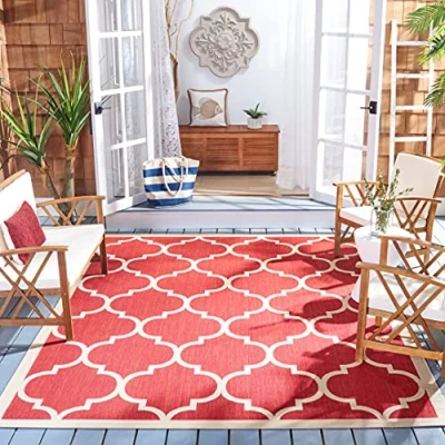 Afbeelding van Safavieh Trellis voor binnen/buiten, geweven vierkant tapijt, binnenplaats collectie, CY6914, in rood/been, 160 x cm tuin, terras of buitenruimte