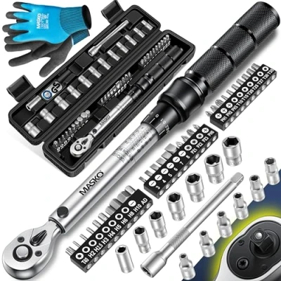 Afbeelding van MASKO® Momentsleutel, 45 delige set voor auto, fiets en motorfiets, 1/4 inch, 5 25 Nm, inclusief handschoenen, magnetische bougiedop, doppen met verlengstang 100 mm +/ 4% tolerantie, bandensleutels