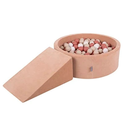 Afbeelding van KiddyMoon Speeltuin Fluweel Van Schuim Met Rond Ballenbad (100 Ballen) + Kruisje Ballenkuilen Voor Baby&#039;s Speelbad, Woestijnroze: Pastel Beige/Zalm Roze/Wit