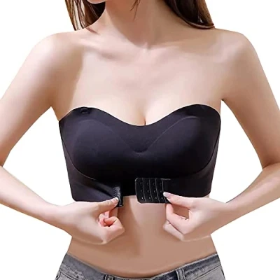 Afbeelding van TOFBS Vrouwen Strapless Front Buckle Lift Bra Draadloze Antislip Onzichtbare Push Up Bandeau BH met Afneembare Schouderband, Zwart, 65B