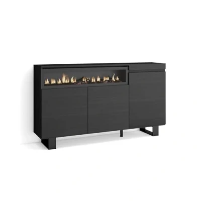 Afbeelding van Skraut Home Dressoir, Opbergkast Buffetkast, Sideboard 150x87x35cm 3 Deuren Elektrische haard Industrieel design Moderne stijl Zwart