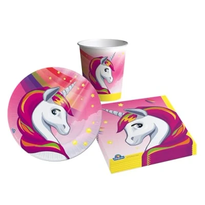 Afbeelding van Party Tableware Set Unicorn for 8 people (36 pcs: plates Ø18cm, cups 200ml, 20 napkins 33x33cm) in eco friendly compostable paper