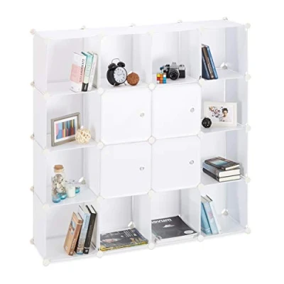 Afbeelding van Relaxdays vakkenkast, 16 vakken, kliksysteem, met deuren, kunststof, HBD 127 x 31,5 cm, roomdivider, wit