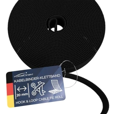 Afbeelding van KabelDirekt klittenband kabelbinders hersluitbaar 20 mm x 10 m (rol voor kabels, vrij op maat te snijden &amp; herbruikbaar, zwart)