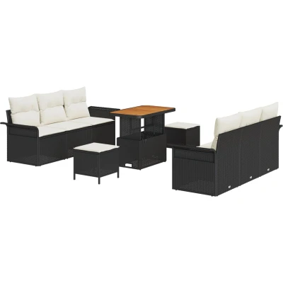 Afbeelding van vidaXL 9 delige Tuinsalonset met Kussens Zwart Poly Rattan Acacia