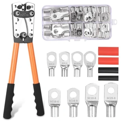 Afbeelding van Accukabelschoen, krimptang, grote batterijkabelset, 10 1/0 AWG, kabelschoen, kabelschoenen, 6/10/16/25/35/50 mm², met 8 maten, 60 stuks koperen ringklemmen + krimpkousen