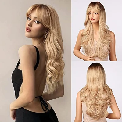 Afbeelding van Honygebia Blonde Pruik met Pony Lange Golvende Ombré Gordijn Pony&#039;s voor Vrouwen, Licht Asblonde Donkere Roots Synthetisch Hittebestendig Haar, Natuurlijke Schattige Aardbei Pruiken Halloween