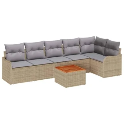 Afbeelding van vidaXL 7 delige Tuinbankstel met Kussens Beige Poly Rattan Acacia