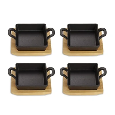 Afbeelding van ECHTWERK Serveerschaal van gietijzer, vierkante ovenschaal met serveerplank, kleine grillpan, al ingebrand, geschikt voor oven, grill, BBQ en inductie, ideaal om te serveren, 4 delig