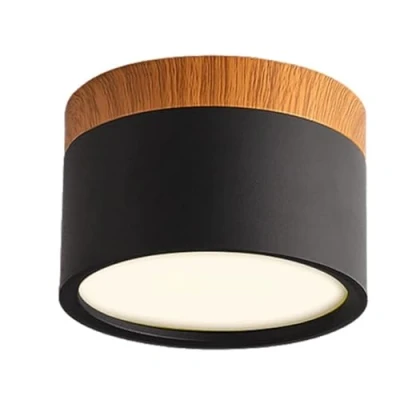 Afbeelding van Schindora led plafondlamp, opbouwspot van hout, mini ronde zwarte warm wit 3000 K, 12 W.