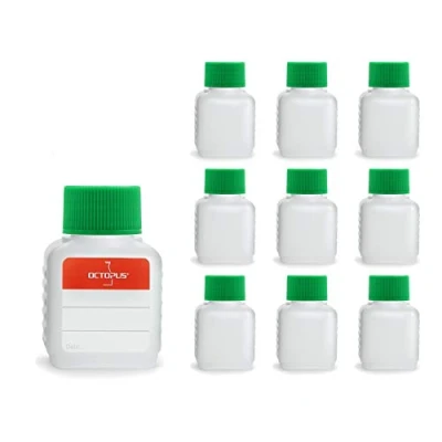 Afbeelding van Octopus 10 x 50 ml plastic flessen, HDPE flessen met groene schroefsluitingen, lege schroefdeksels, vierkante incl. etiketten