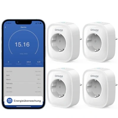 Afbeelding van GHome Smart WLAN stopcontact, 16 A, wifi set van 4, Home Plug, werkt met Alexa Google Home, stroomverbruik meten, spraakbesturing, timer, alleen op 2,4 GHz wifi, 230 V, 50/60 Hz,