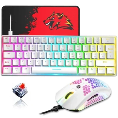 Afbeelding van ZIYOULANG RGB Mechanisch Gamingtoetsenbord Combo, Rode Schakelaar, UK QWERTY Layout, Mini 62 Toetsen, Afneembare USB C Kabel, 12.000 DPI Programmeermuis Voor PC (wit)