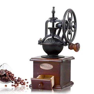 Afbeelding van koffiemolen, handmatige betoverende retro koffiemolen in antiek design, gemaakt van hout en gietijzer, espressomolen voor koffiebonen