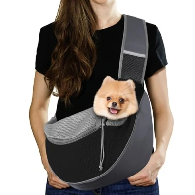 Afbeelding van Pawaboo Pet Dog Sling Carrier, Hand Free Drawstring Papoose with Adjustable Strap, Breathable Mesh Bag for Puppy Cat, Crossbody Satchel Purse Pocket Outdoor, Dark Gray+Black, Large