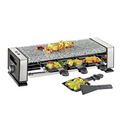 Afbeelding van Küchenprofi Raclette VISTA8, 8 Personen, Roestvrij Staal, Incl. Marmeren Stone Plaat, Pannetjes met antiaanbaklaag en Spatels, Elektrische Grill Tafelgrill, Steenplaat
