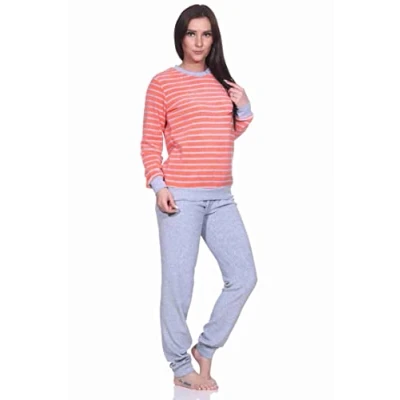 Afbeelding van RELAX by Normann Damespyjama van badstof met lange mouwen manchetten in elegante strepenlook 291 201 13 780, rood, 36/38