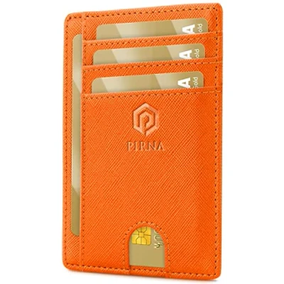 Afbeelding van Slanke Portemonnee voor Heren RFID Blokkerende Minimalistische Kaarthouder en Dames met Geschenkdoos, Slim Wallet Card Holder Oranje