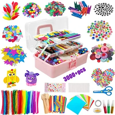 Afbeelding van Withosent Knutselset voor kinderen, 3000 + stuks, doe het zelf knutselspullen, knutselsets kinderknutselkoffer, knutselaccessoires, pijpenrager, ijslolly, pompons, kralen, scrapbooking