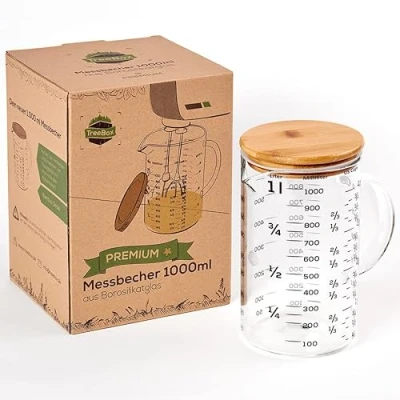 Afbeelding van TreeBox Premium maatbeker 1 l, hoogwaardige glazen met bamboedeksel, vaatwasmachine en magnetronbestendig, verschillende maateenheden, perfect voor bakken, koken mengen