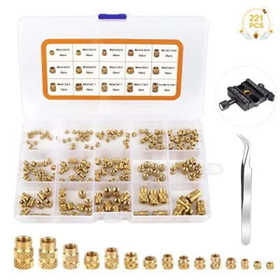 Afbeelding van 221 stuks schroefdraad gekartelde messing moeren, M2 M2,5 M3 M4 M5 M6 insert Inbedment Nuts Assortiment Kit Vrouwelijke moeren voor 3D afdrukken (6 specificaties)