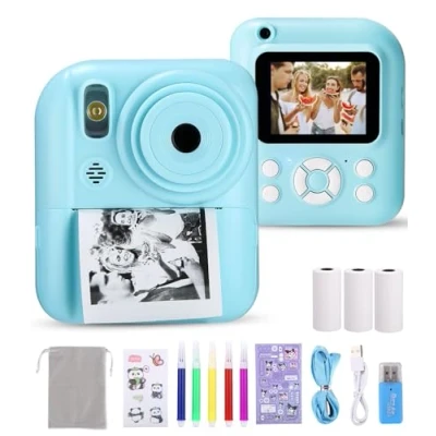 Afbeelding van Ixydor instant kindercamera, 1080p 2,4 inch scherm, camera voor kinderen, videocamera met printpapier en 32 GB kaart, kerstcadeau kinderen van 3 12 jaar, blauw