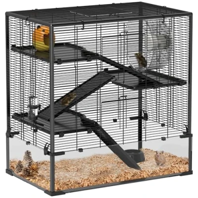 Afbeelding van PawHut Hamsterkäfig für Zwerghamster, 4 stufiges Nagerkäfig mit Glasboden, Hütte, Laufrad, Rampen, Futterschale, Kleintierkäfig Zwerghamsterkäfig 78,5 x 48,5 80 cm Schwarz