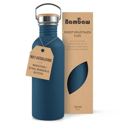 Afbeelding van Bambaw 750ml Metalen Waterfles, Herbruikbare Duurzame Drinkfles, Eco Plasticvrij en Lekvrije Roestvrijstalen Waterfles BPA Vrij Staalblauw