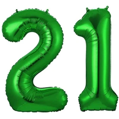 Afbeelding van Ballon Cijfer 21 Jaar Groen Folie Verjaardag versiering ballonnen Feest Met Rietje 36Cm
